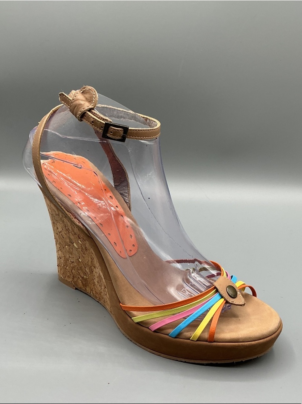 BCBGirls Y2K Tan Cork Wedge Sandal with Rainbow Straps & ankle strap, SIZE 8
